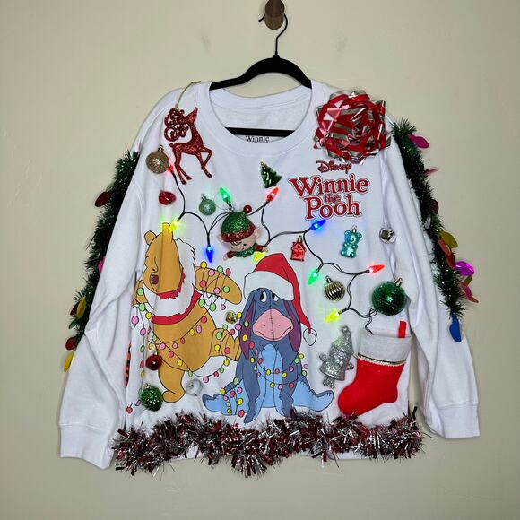 Ugly Christmas Sweater Winnie the Pooh LIGHTS UP Tinsel Xmas Party Winner Large - Picture 1 of 5